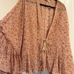 Free People Cream Floral Tie-Front Boho Top with Tassel